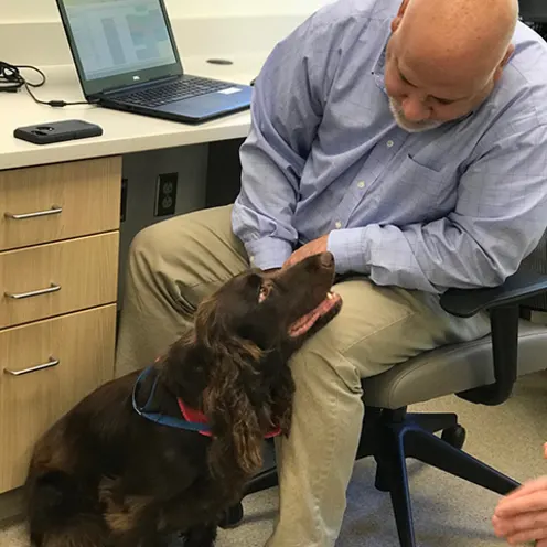 Veterinarian with a Dark Brown Dog